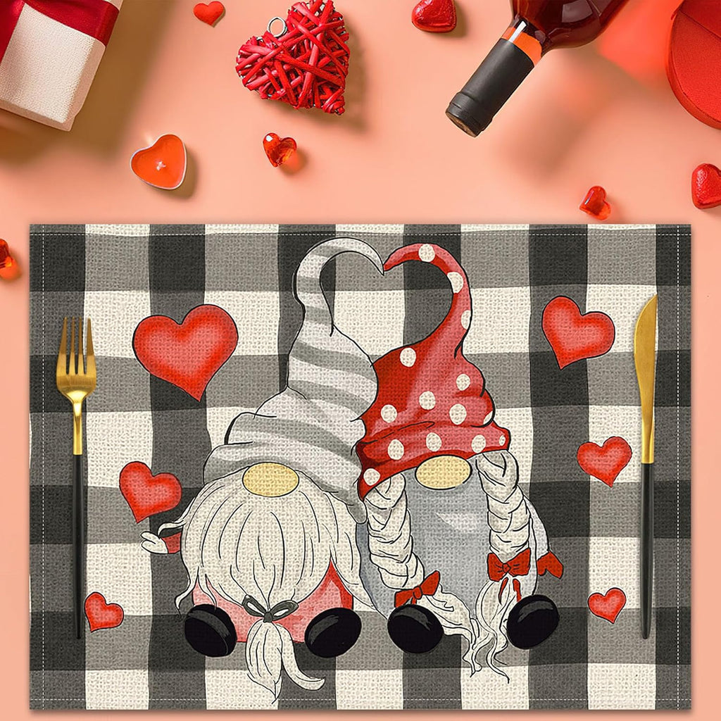 Valentines Day Placemats Set Of 4, 17x12.5 Inches With Gnomes And Hearts Pattern For Holiday Parties And Family Gatherings Clearance Sale
