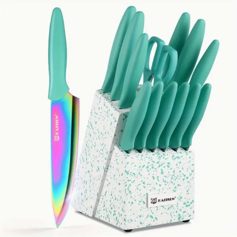 14-Piece Rainbow Colored High Carbon Stainless Steel Kitchen Knife Set, Titanium Coated Blade, Rust-Free & Super Sharp, Flatware Set With Wooden