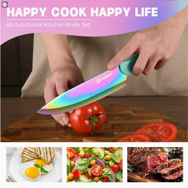 14-Piece Rainbow Colored High Carbon Stainless Steel Kitchen Knife Set, Titanium Coated Blade, Rust-Free & Super Sharp, Flatware Set With Wooden