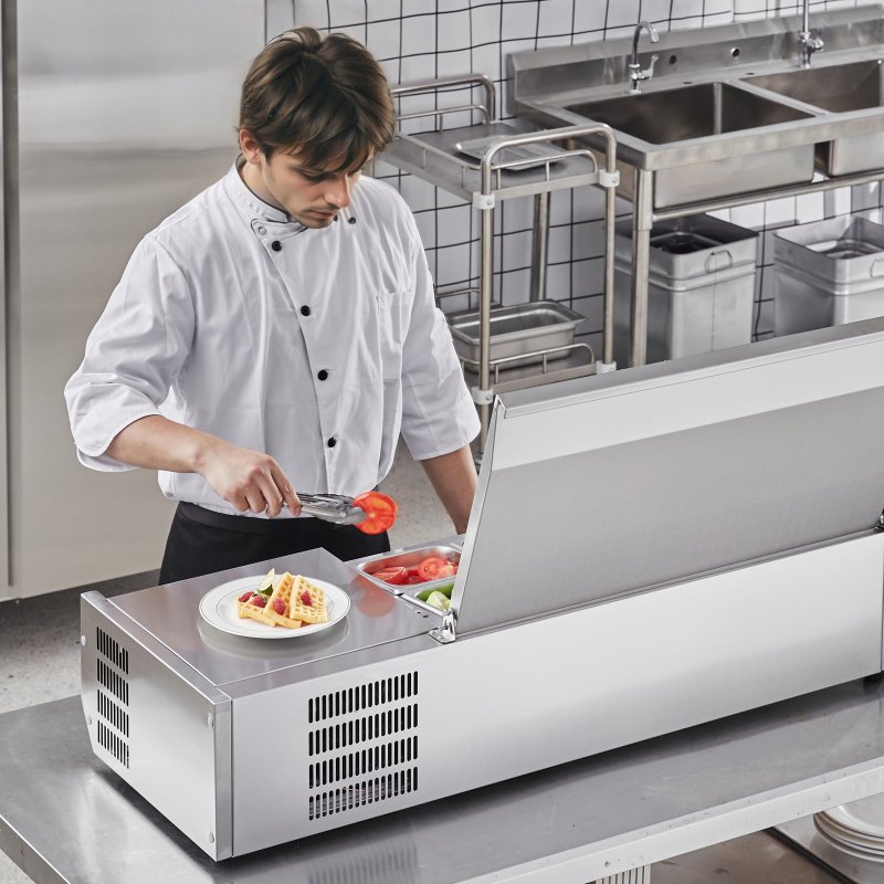 Refrigerated Condiment Prep Station, 135 W Countertop Refrigerated Condiment Station, With 2 1/3 Pans & 4 1/6 Pans, 304 Stainless Body And PC Lid