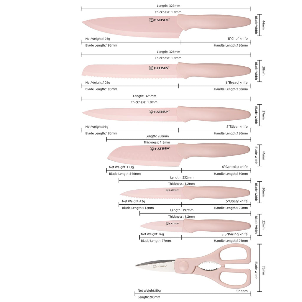 Kitchen Knife Set With Guards, 13 Piece Pink Non-Stick Boxed Knives Set, Anti-Rust And Dishwasher Safe, 6 Knives With 6 Blade Covers And Kitchen