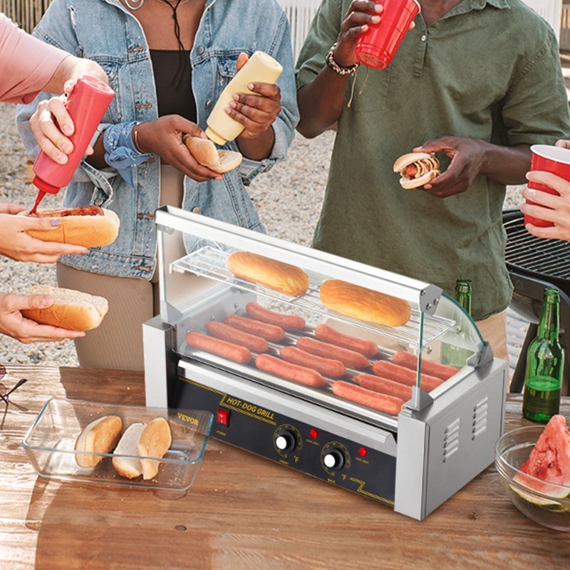 Hot Dog Roller 5 Rollers 12 Hot Dogs Capacity, 750W Stainless Sausage Grill Cooker Machine With Dual Temp Control Glass Hood Acrylic Cover Bun Wa