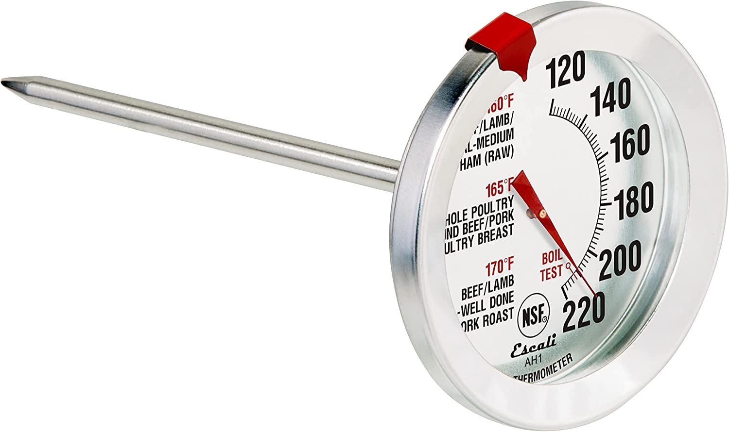 Escali AH1 Stainless Steel Oven Safe Meat Thermometer; Extra Large 2.5-inches Dial; Temperature Labeled for Beef; Poultry; Pork; and Veal Silver