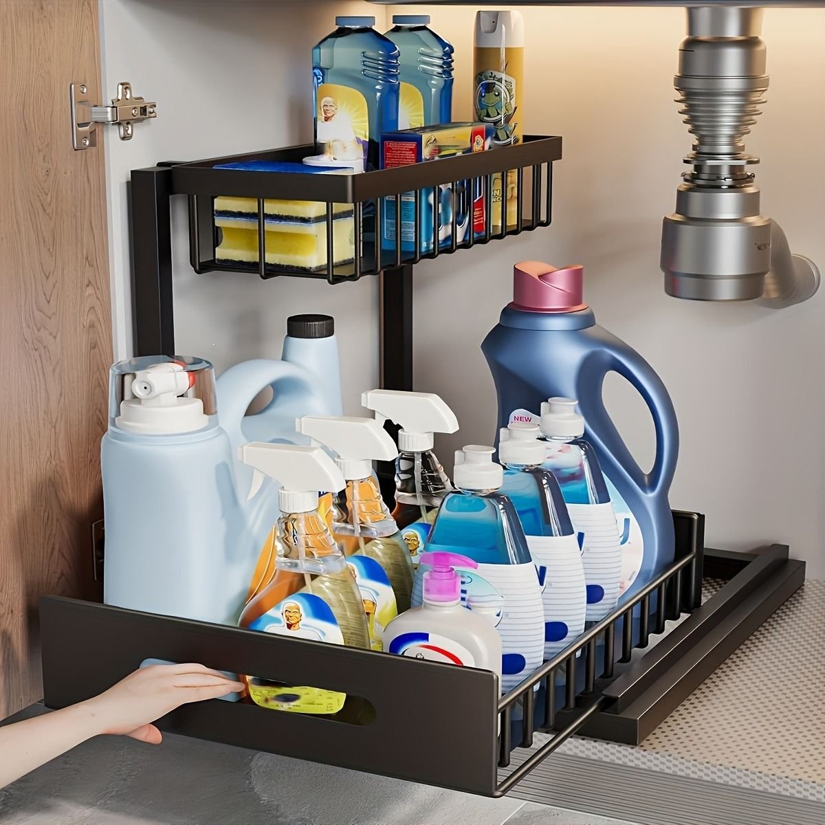 1/2pcs kitchen rack for sink organization and storage, under sink organization, sliding pull-out cabinet organization rack, metal sliding drawer
