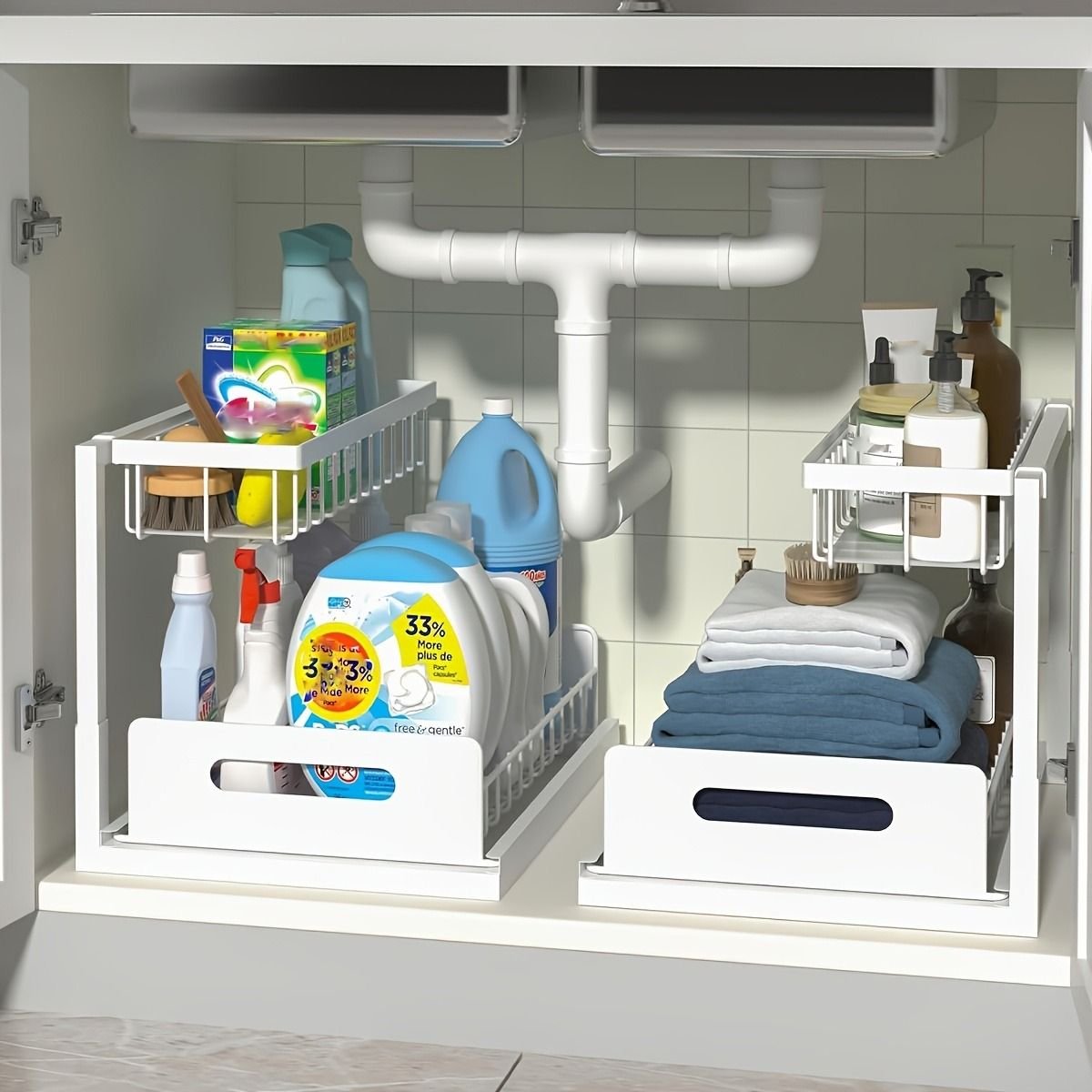 1/2pcs kitchen rack for sink organization and storage, under sink organization, sliding pull-out cabinet organization rack, metal sliding drawer