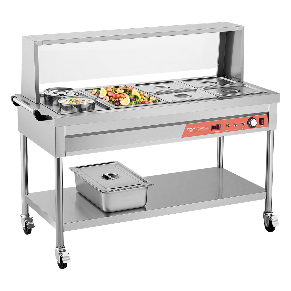 5 Pans + 2 Pots Commercial Food Warmer Steam Table With Undershelf Shield