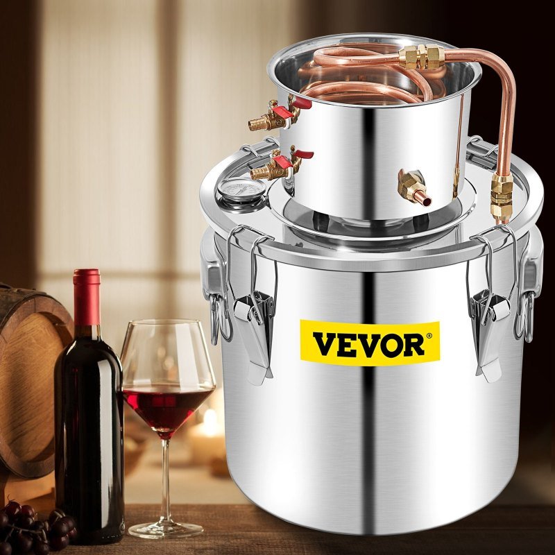 Alcohol Still, 50L Distillery Kit W/Condenser & Pump, 13.2Gal Alcohol Still W/Copper Tube, Whiskey Distilling Kit W/Build-in Thermometer, Whiskey
