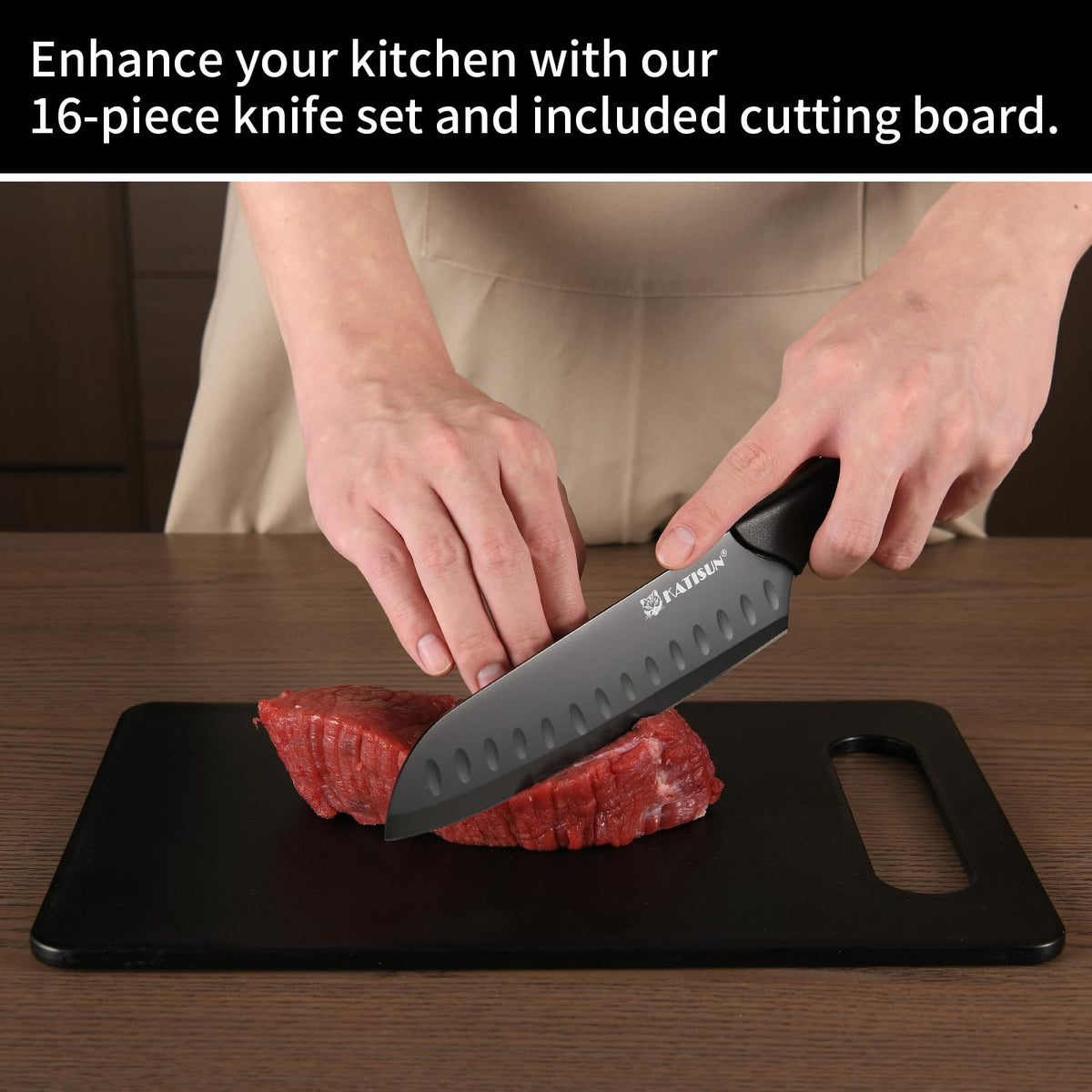 16 Pieces Kitchen Knife Block Set With Cutting Board, German Stainless Steel Knife Set With Sharpener, Dishwasher Safe, Anti-Slip Handle, 6 Steak