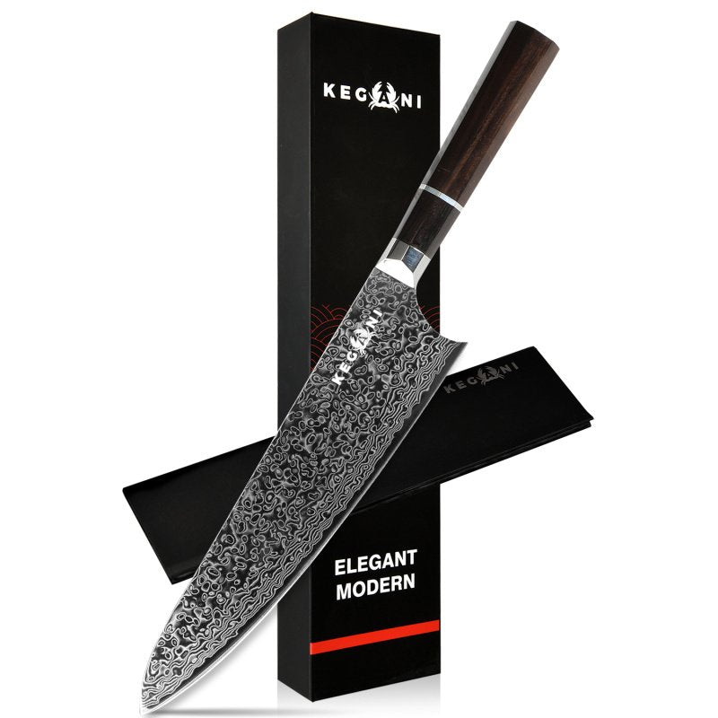 Kegani 8 Inch Japanese Kiritsuke Chef Knife, Japanese 67 Layers VG-10 Damascus Knife, Ebony FullTang Handle Natural Texture Japanese Knife Sushi
