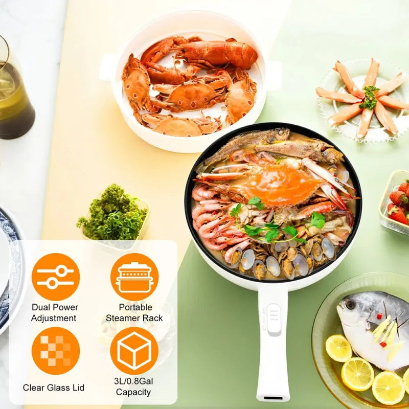 Electric Hot Pot Non-Stick Frying Pan Portable Rapid Noodles Cooker With Long Handle Steamer Spatula Dual Power Control Overheat Dry-Boil Protect