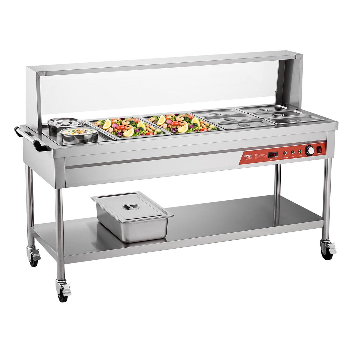 8 Pans + 2 Pots Commercial Food Warmer Steam Table With Undershelf Shield
