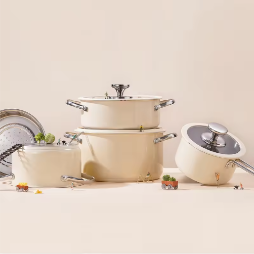 9pcs Stainless Steel Ceramic Coated Pot Set, Including 1 Milk Pot, 2 Stockpots, 1 Non-stick Pan, 4 LIDS And 1 Steamer