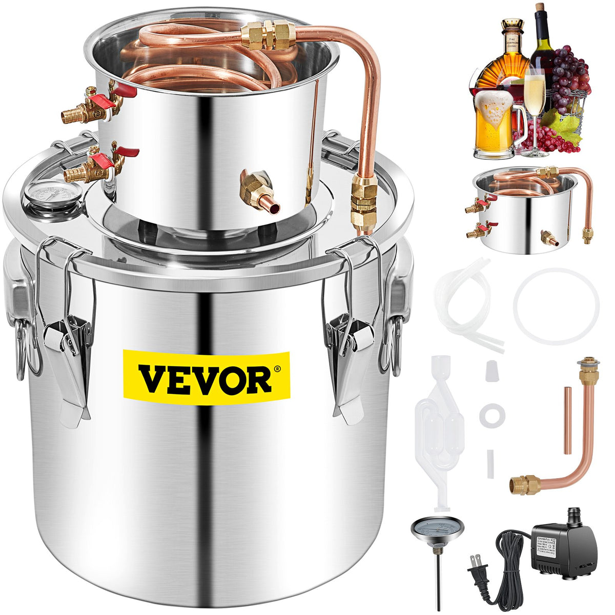 Alcohol Still, 50L Distillery Kit W/Condenser & Pump, 13.2Gal Alcohol Still W/Copper Tube, Whiskey Distilling Kit W/Build-in Thermometer, Whiskey