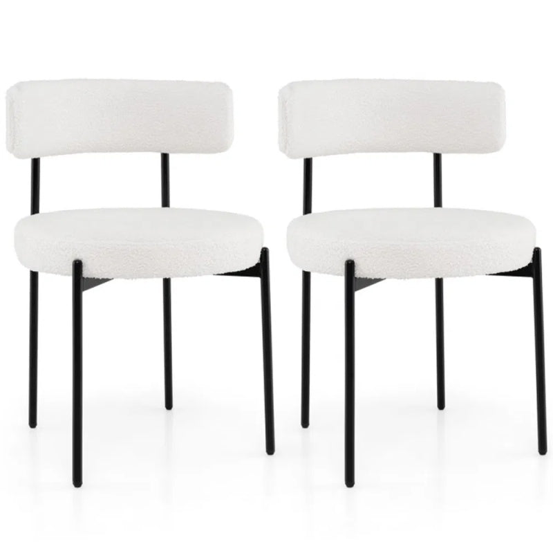 2 PCS White Sherpa Upholstered Dining Chair, Ergonomic Curved Backrest & Wide Round Seat