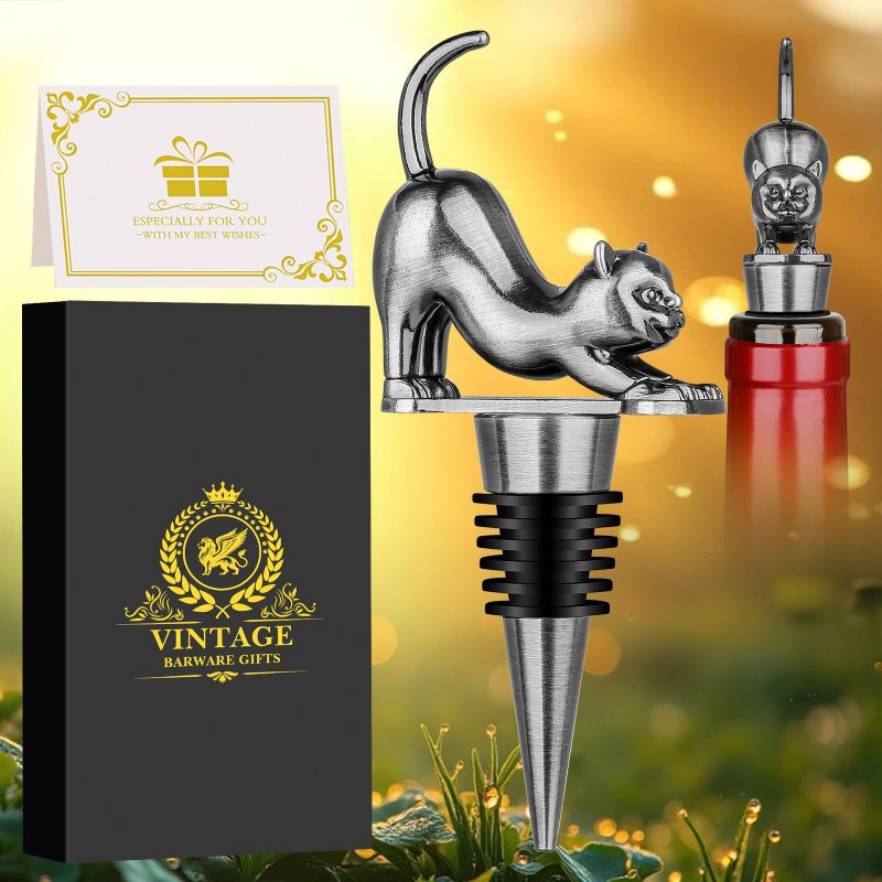 Elegant Upturned Cat Shaped Red Wine Stopper Set With Metallic Luster Bottle Stopper Gift Box, High-end Accessories For Wine Enthusiasts, A Must-