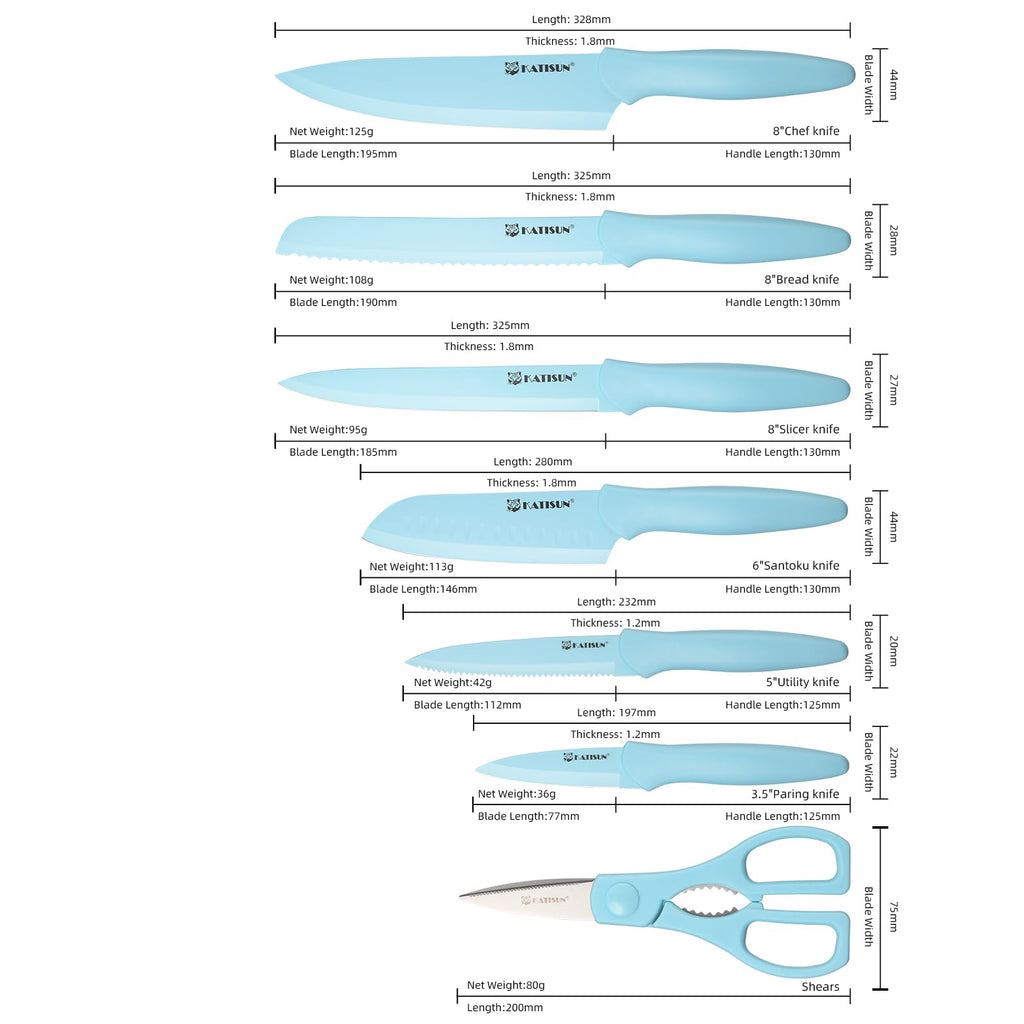 Kitchen Knife Set With Guards, 13 Piece Blue Non-Stick Stainless Steel Boxed Knives Set, Anti-Rust And Dishwasher Safe, 6 Knives With 6 Blade Cov