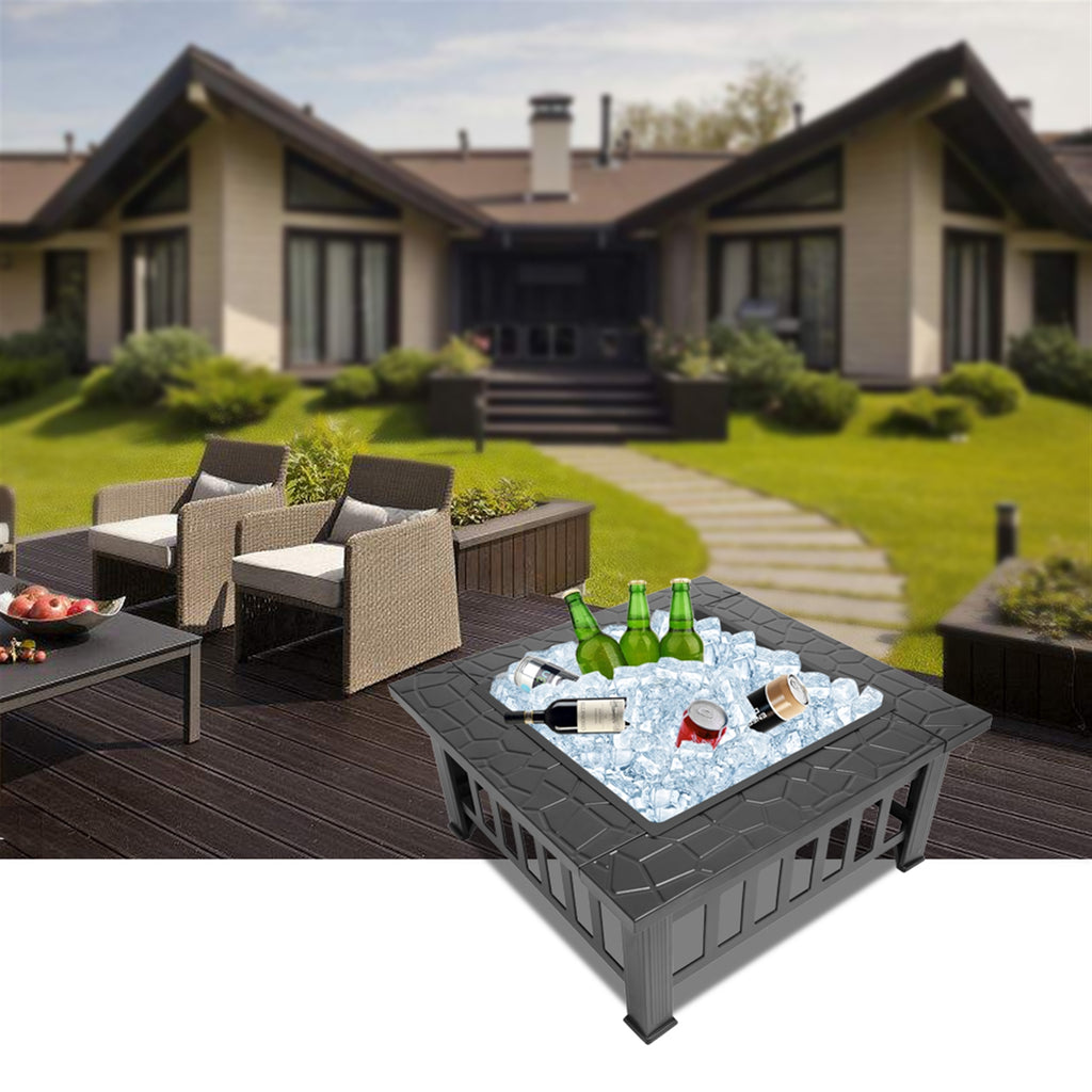 32 Inch Multifunctional Fire Pit Table  Square Metal Firepit Stove Backyard Patio Garden Fireplace For Camping, Outdoor Heating, Bonfire And Picn