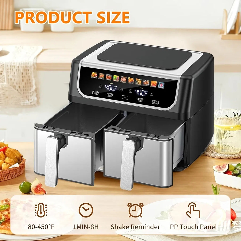 9.5 Quart Large Dual Basket Air Fryer With Double Basket, Independent Temp Control & Sync Mode, 10 Presets - Bake&Broil&Defrost&Dehydrate, Shake