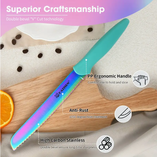 14-Piece Rainbow Colored High Carbon Stainless Steel Kitchen Knife Set, Titanium Coated Blade, Rust-Free & Super Sharp, Flatware Set With Wooden