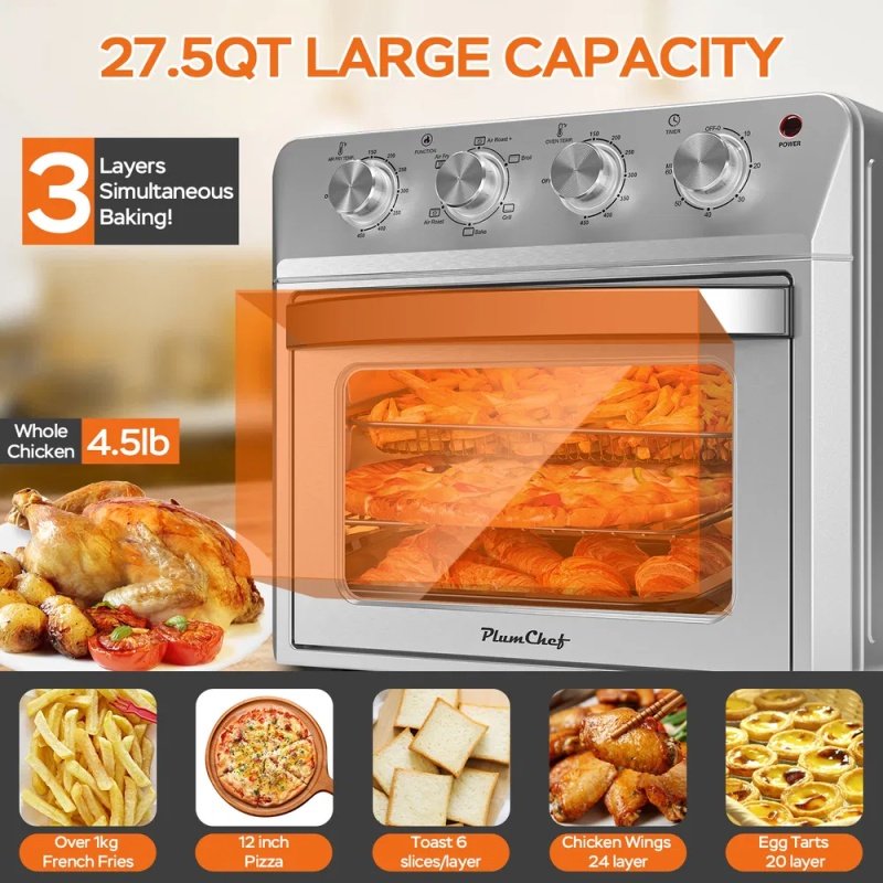 27.5QT 6-in-1 Air Fryer Toaster Oven Dropdown-Door 6-Slice Countertop Convection Oven For Air Frying, Baking, Roasting, Broiling & Grilling, 1600
