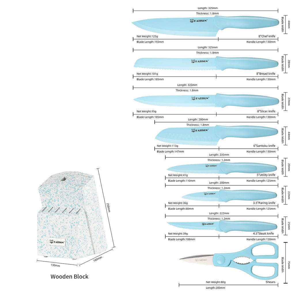 Kitchen Knife Set With Block, 14 Piece BLUE Non-Stick Paint Coating Stainless Steel Knives Set, Anti-Rust And Dishwasher Safe, 12 Knives With Kit