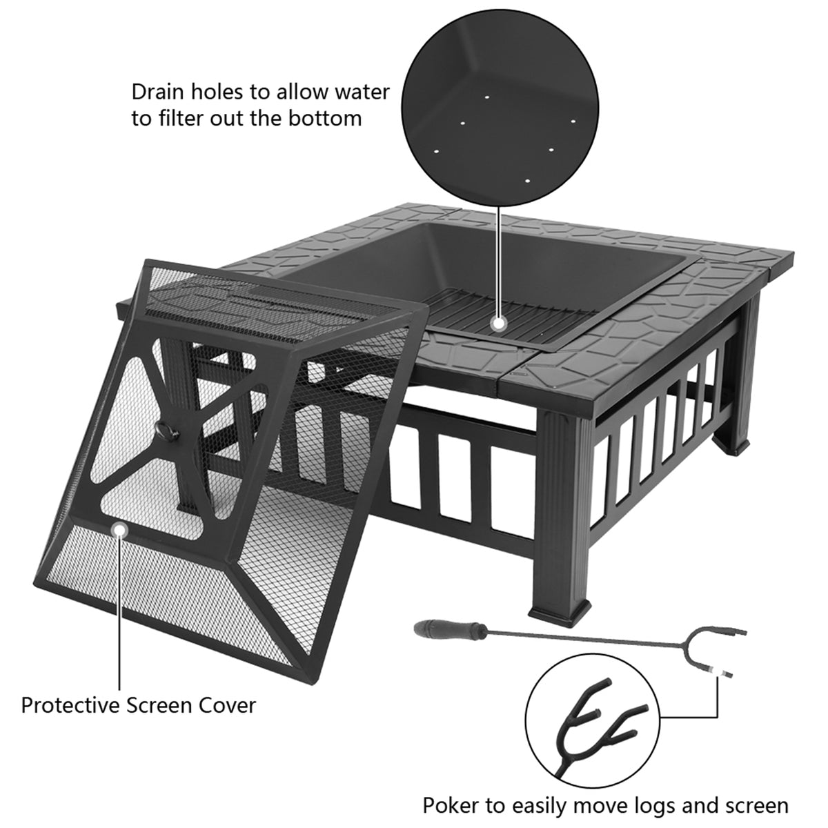 32 Inch Multifunctional Fire Pit Table  Square Metal Firepit Stove Backyard Patio Garden Fireplace For Camping, Outdoor Heating, Bonfire And Picn