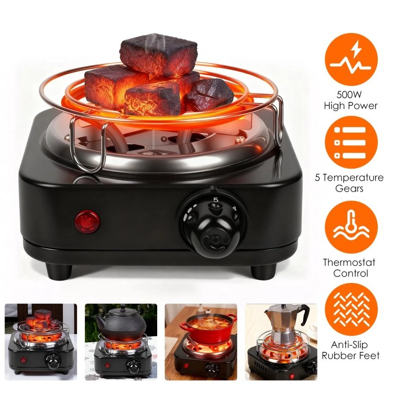 Electric Charcoal Burner 500W Hookah Charcoal Burner Compact Coal Burner For Hooka Cubes Shisha With Grill And Tongs 5 Temperature Gears Thermost