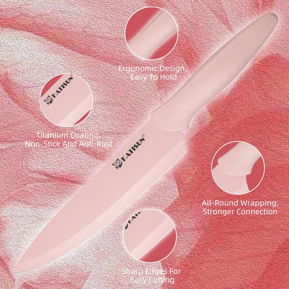Kitchen Knife Set With Guards, 13 Piece Pink Non-Stick Boxed Knives Set, Anti-Rust And Dishwasher Safe, 6 Knives With 6 Blade Covers And Kitchen