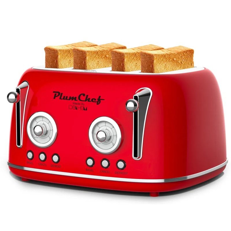 4 Slice Retro Style Toaster, Dual Control Toaster With Warming Rack, 6 Browning Settings, Bagel/Defrost Functions, Removable Crumb Tray, Stainles