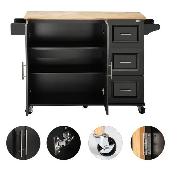 Kitchen Island Cart, Rolling Trolley Cart Utility Cabinet, large-capacity cart, rubber wood , White-B