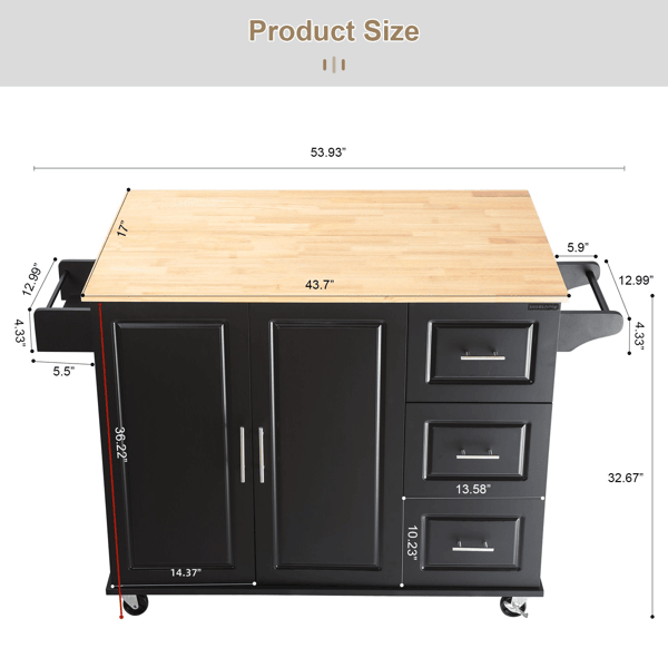 Kitchen Island Cart, Rolling Trolley Cart Utility Cabinet, large-capacity cart, rubber wood , White-B