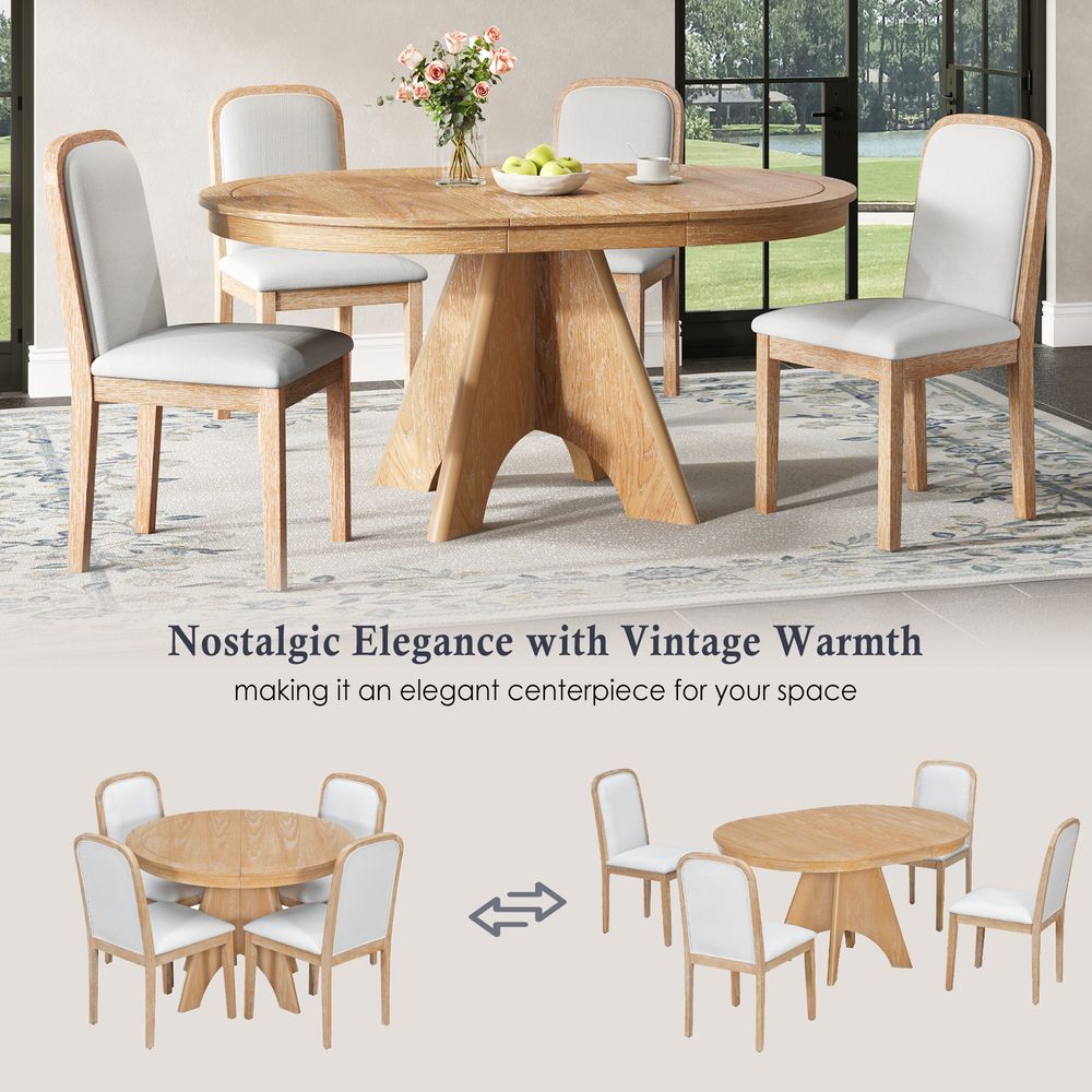TREXM Vintage Extendable Dining Table Set for 4-6 with 4 Upholstered Chairs