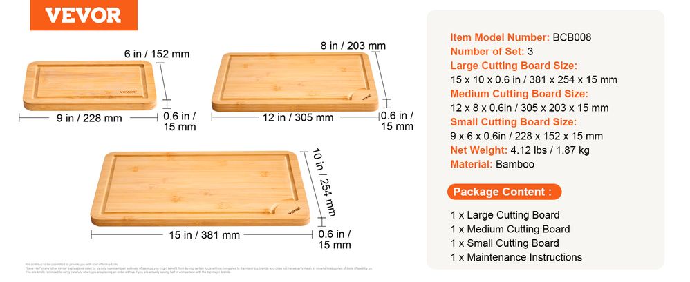 3-Piece Cutting Board Set Configuration 9 x 6 in, 12 x 8 in, and 15 x 10 in