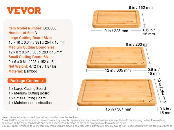 3-Piece Cutting Board Set Configuration 9 x 6 in, 12 x 8 in, and 15 x 10 in
